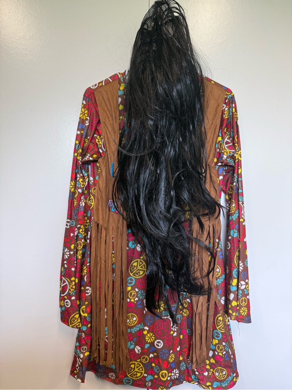 NEW Deluxe hippie dress with vest, Fringe boot covers and long wig. Halloween
